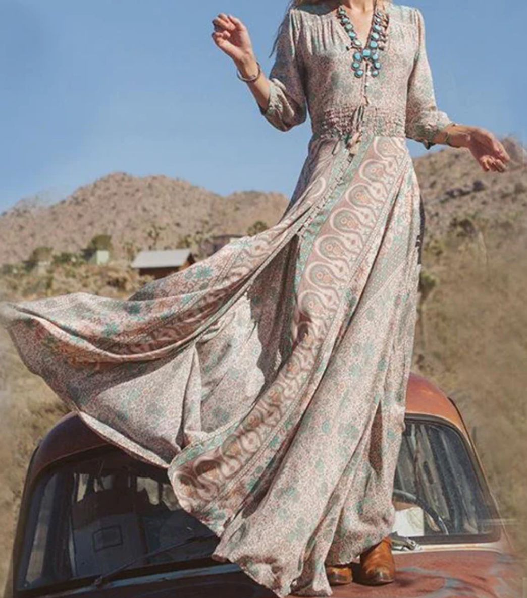 Paisley Deep V-Neck Button Front Smocked Maxi Dress - View 2