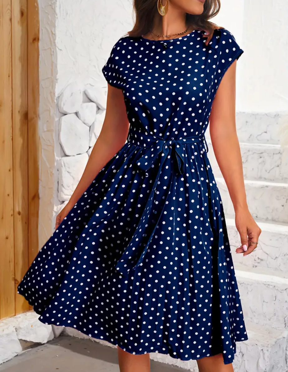 Polka Dot Round Neck Belted Pleated A-Line Midi Dress - View 5