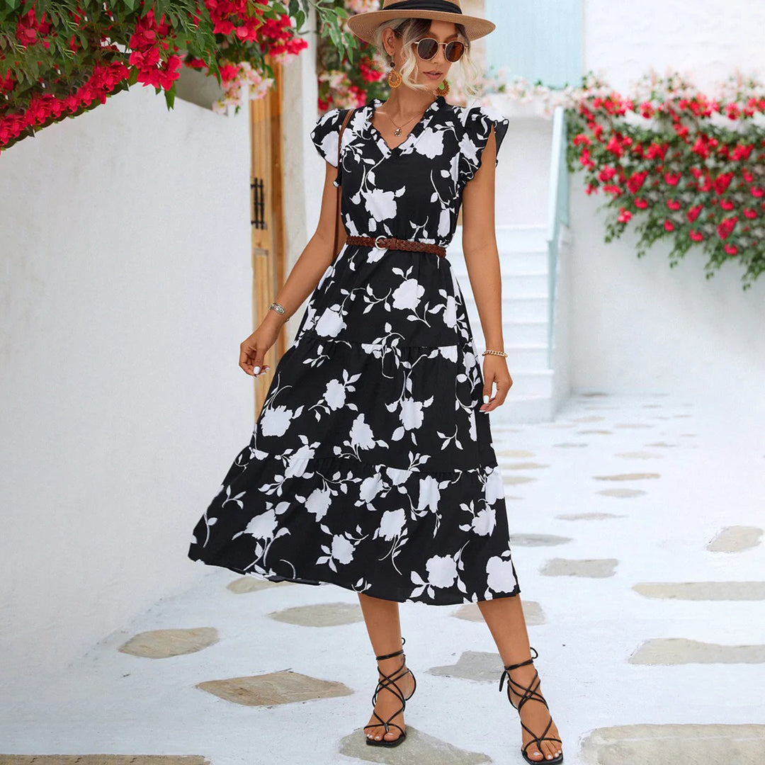 Floral Print V-Neck Flutter Sleeve Elastic Waist Tiered Dress - View 2