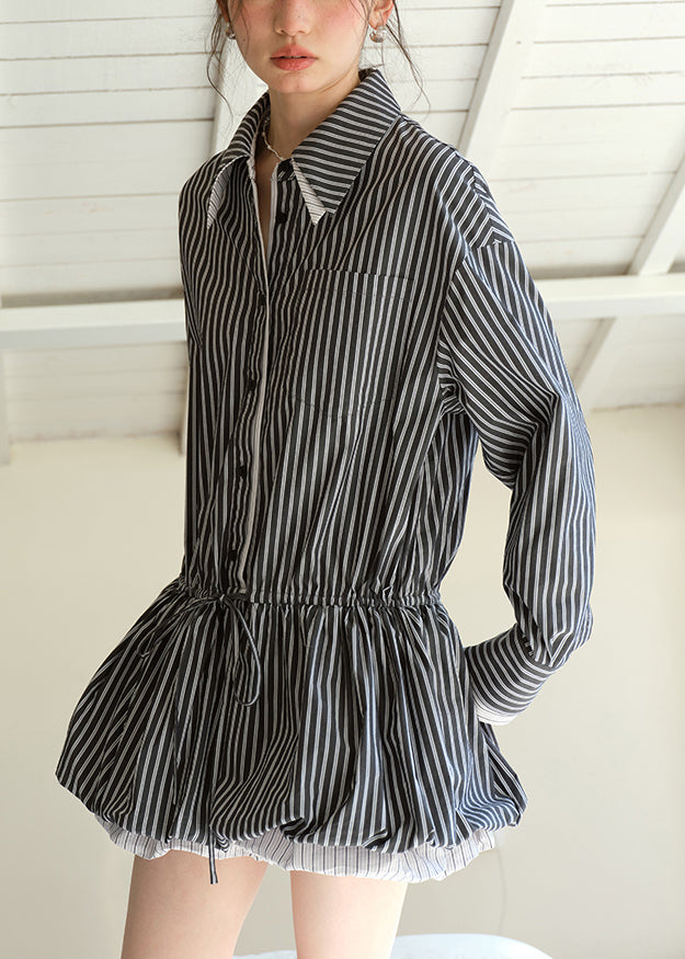 Striped Point Collar Long Sleeve Mini Shirt Dress - View 4