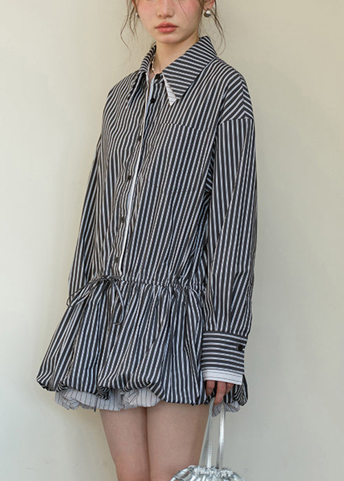 Striped Point Collar Long Sleeve Mini Shirt Dress - View 5