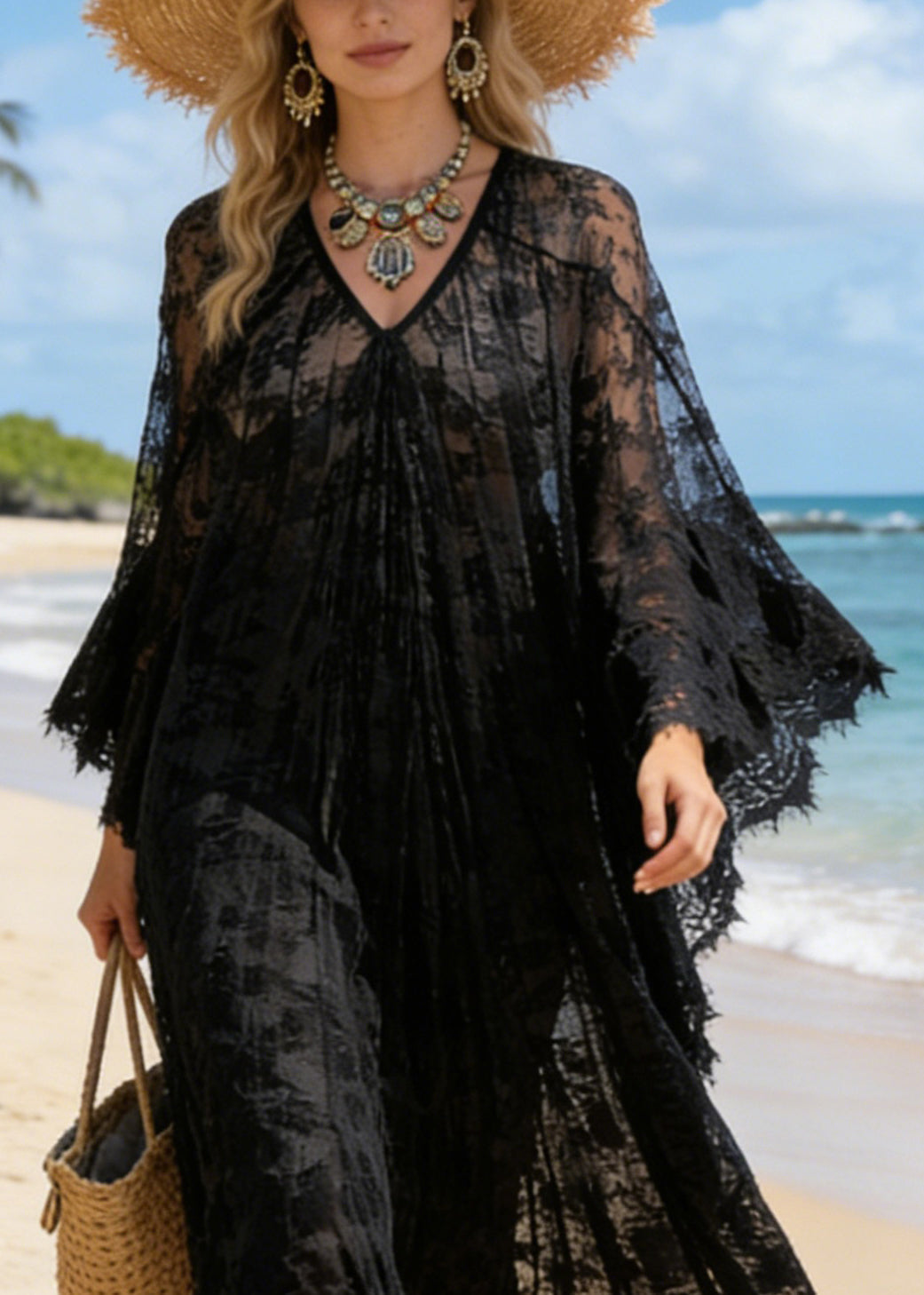 Black Hollow Out Loose Lace Maxi Dresses V Neck Summer - View 2