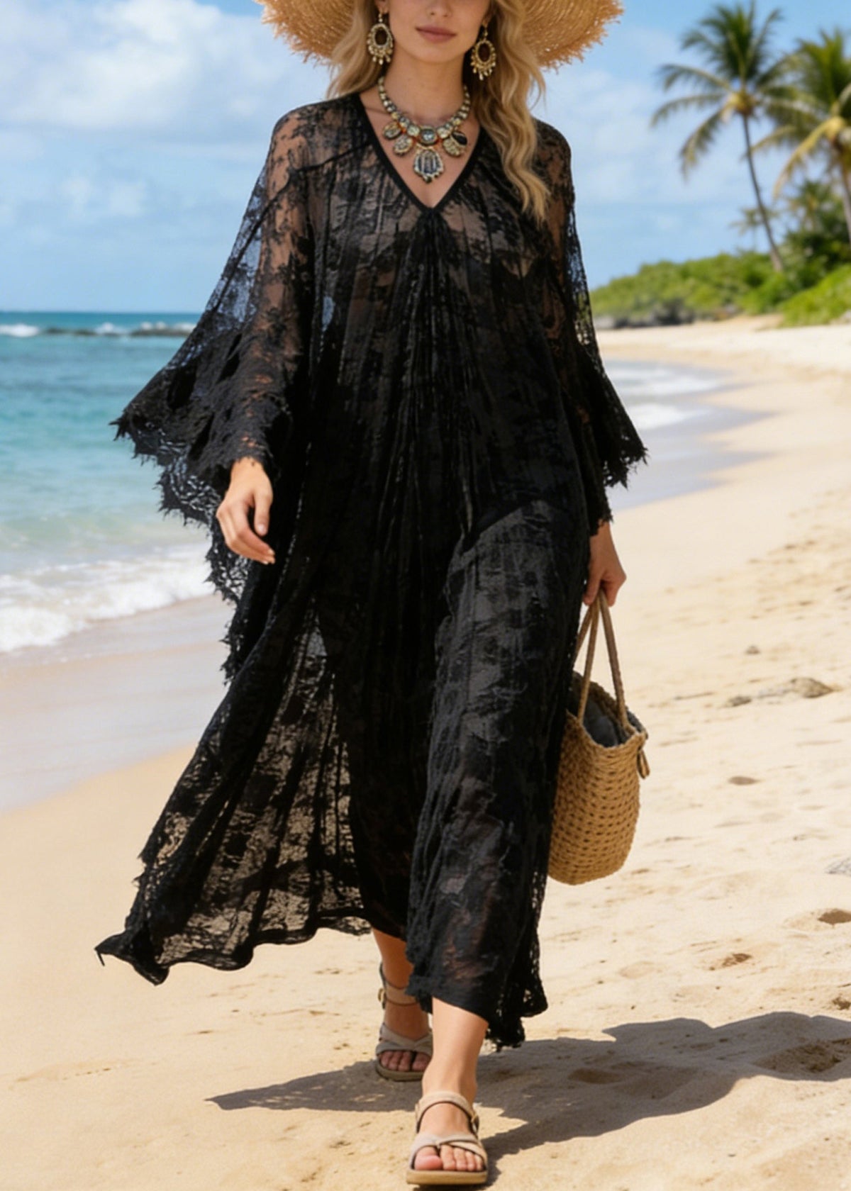 Black Hollow Out Loose Lace Maxi Dresses V Neck Summer - View 3