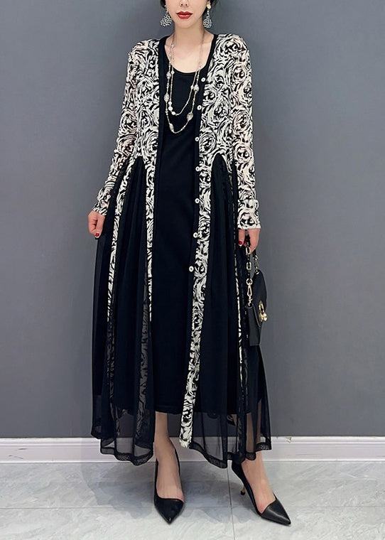 Black Patchwork Button Tulle Long Dresses Long Sleeve - View 2