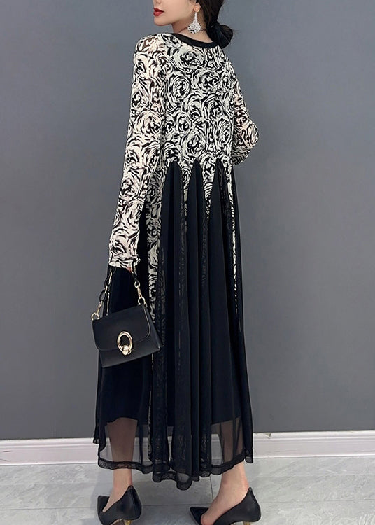 Black Patchwork Button Tulle Long Dresses Long Sleeve - View 4