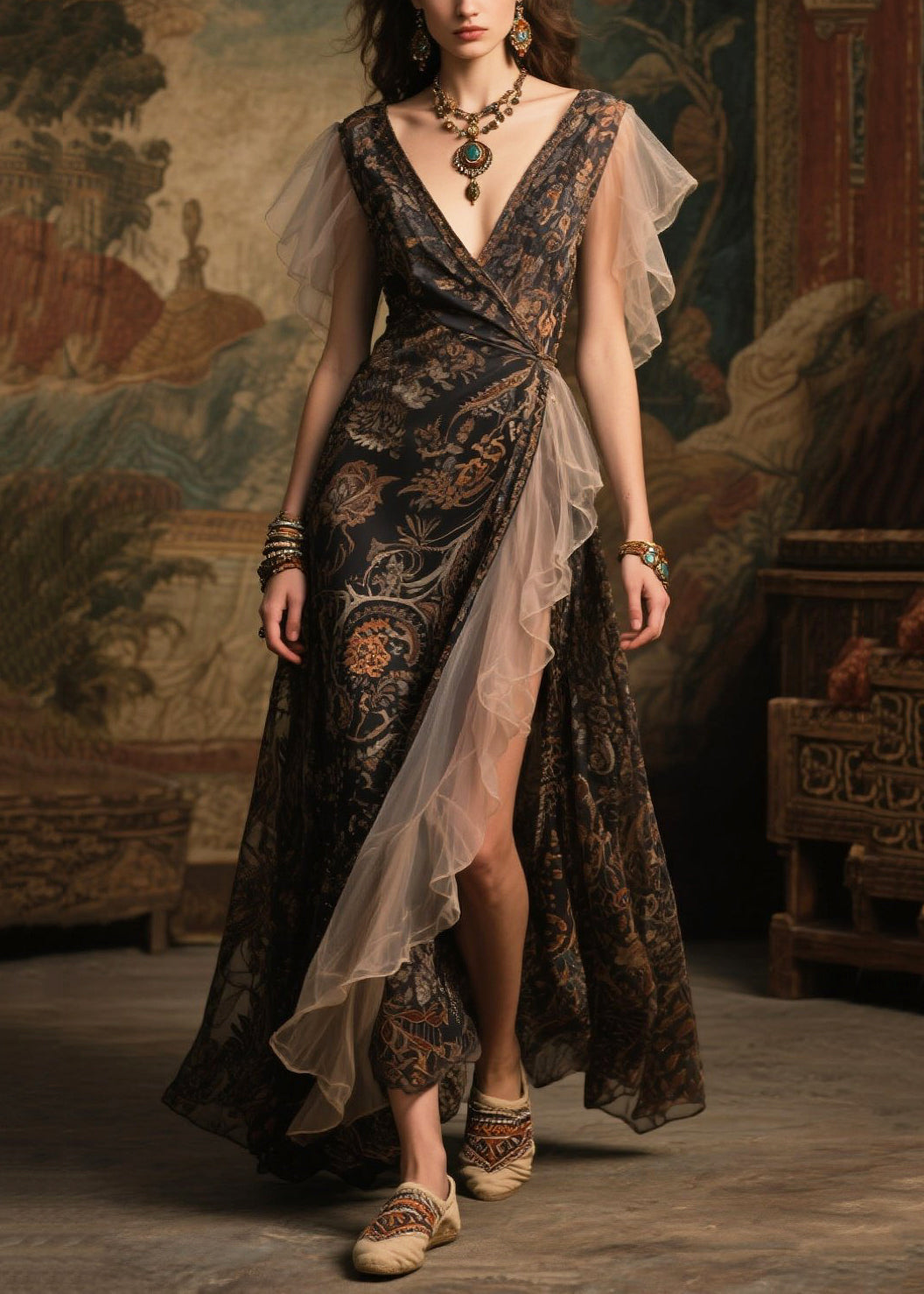 Paisley Print Wrap Deep V-Neck Sheer Butterfly Sleeve Maxi Gown - View 5