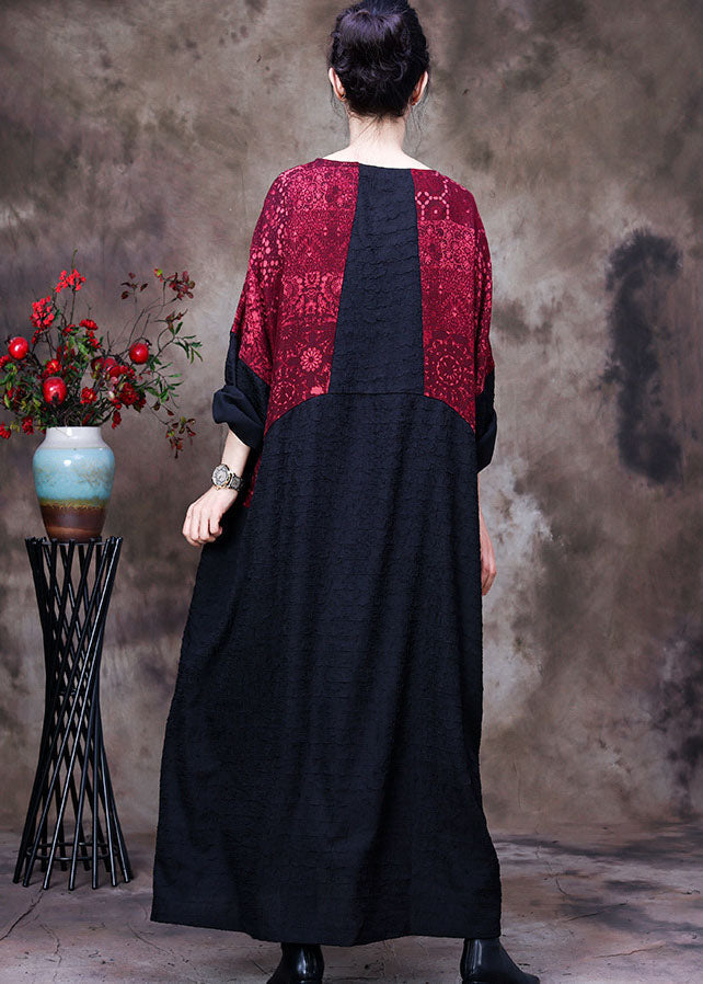 Lace Print Panel Patchwork Round Neck Long Sleeve Maxi Dress - View 4