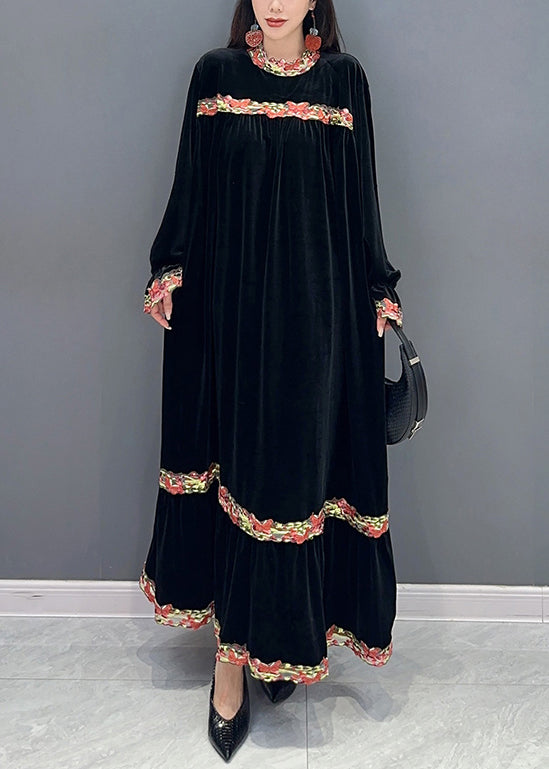Velvet Long Sleeve Crew Neck Embroidered Band Tiered Maxi Dress