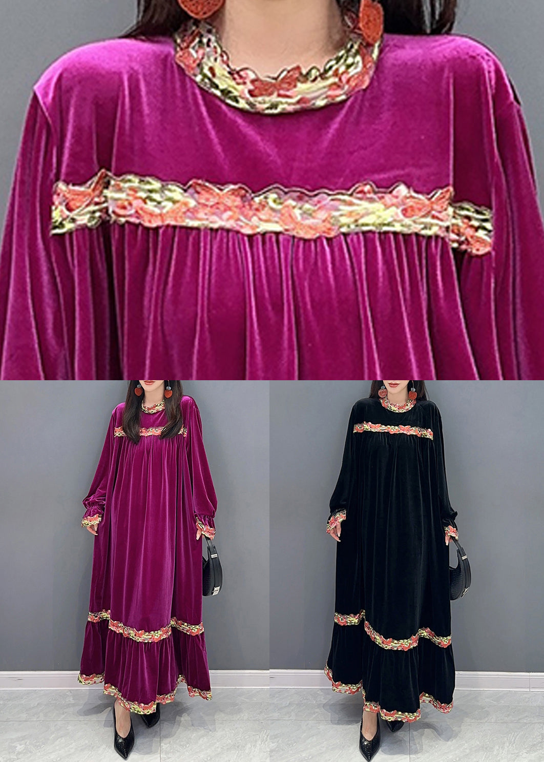 Velvet Long Sleeve Crew Neck Embroidered Band Tiered Maxi Dress - View 5