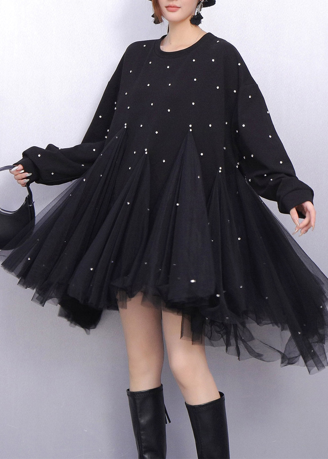 Oversized Crew Neck Pearl Embellished Tulle Tiered Mini Dress - View 2