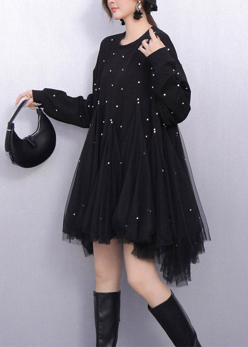 Oversized Crew Neck Pearl Embellished Tulle Tiered Mini Dress - View 3