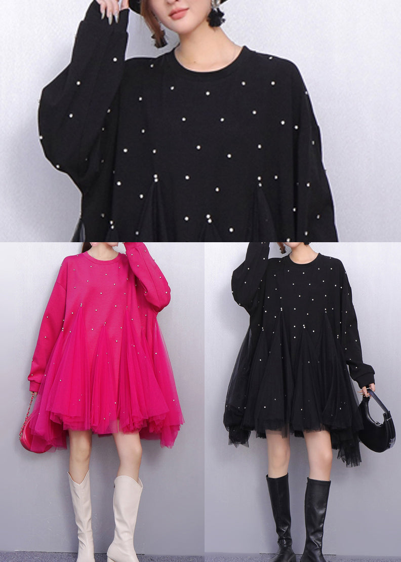 Oversized Crew Neck Pearl Embellished Tulle Tiered Mini Dress - View 5