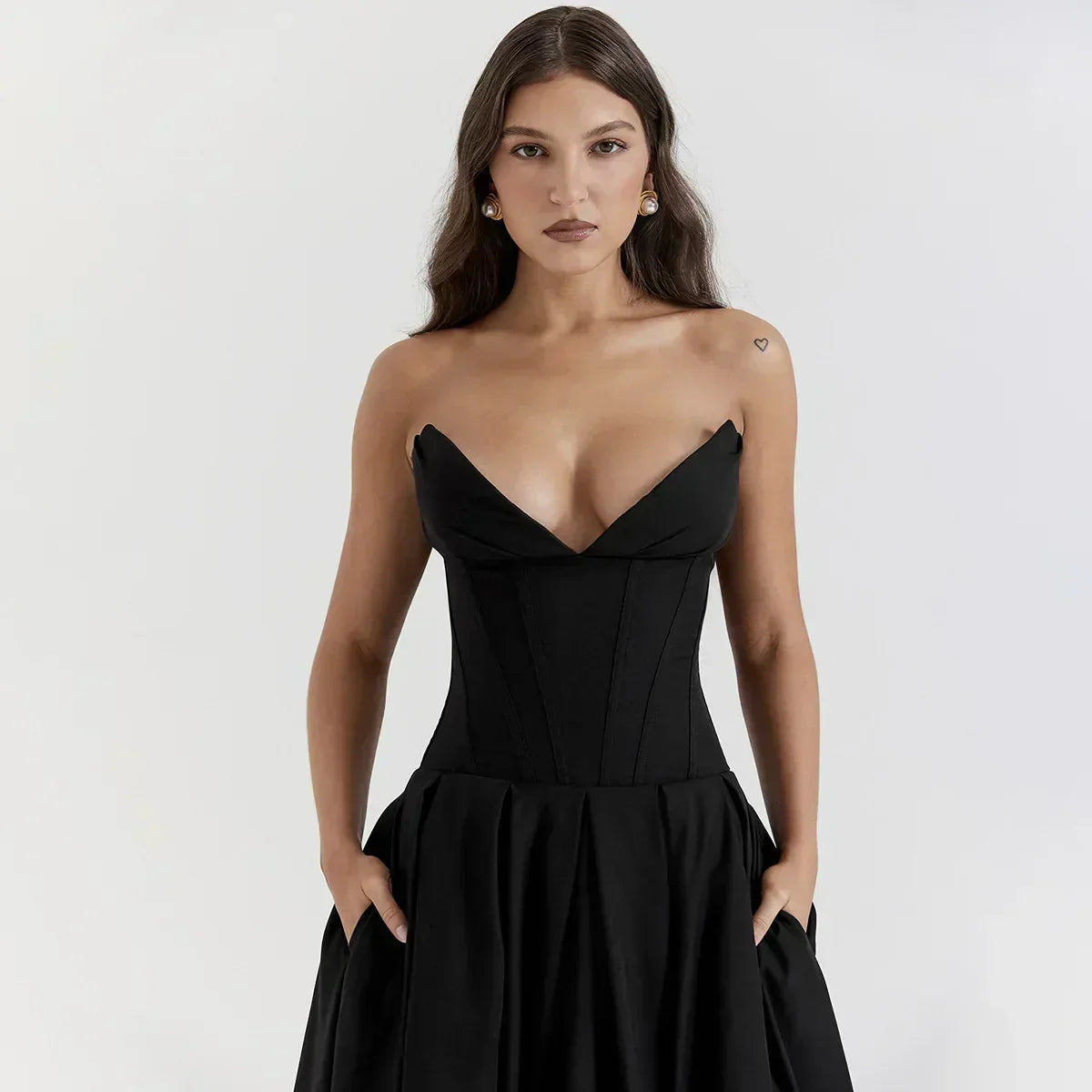Strapless Sweetheart Corset Pleated A-Line Midi Dress - View 6