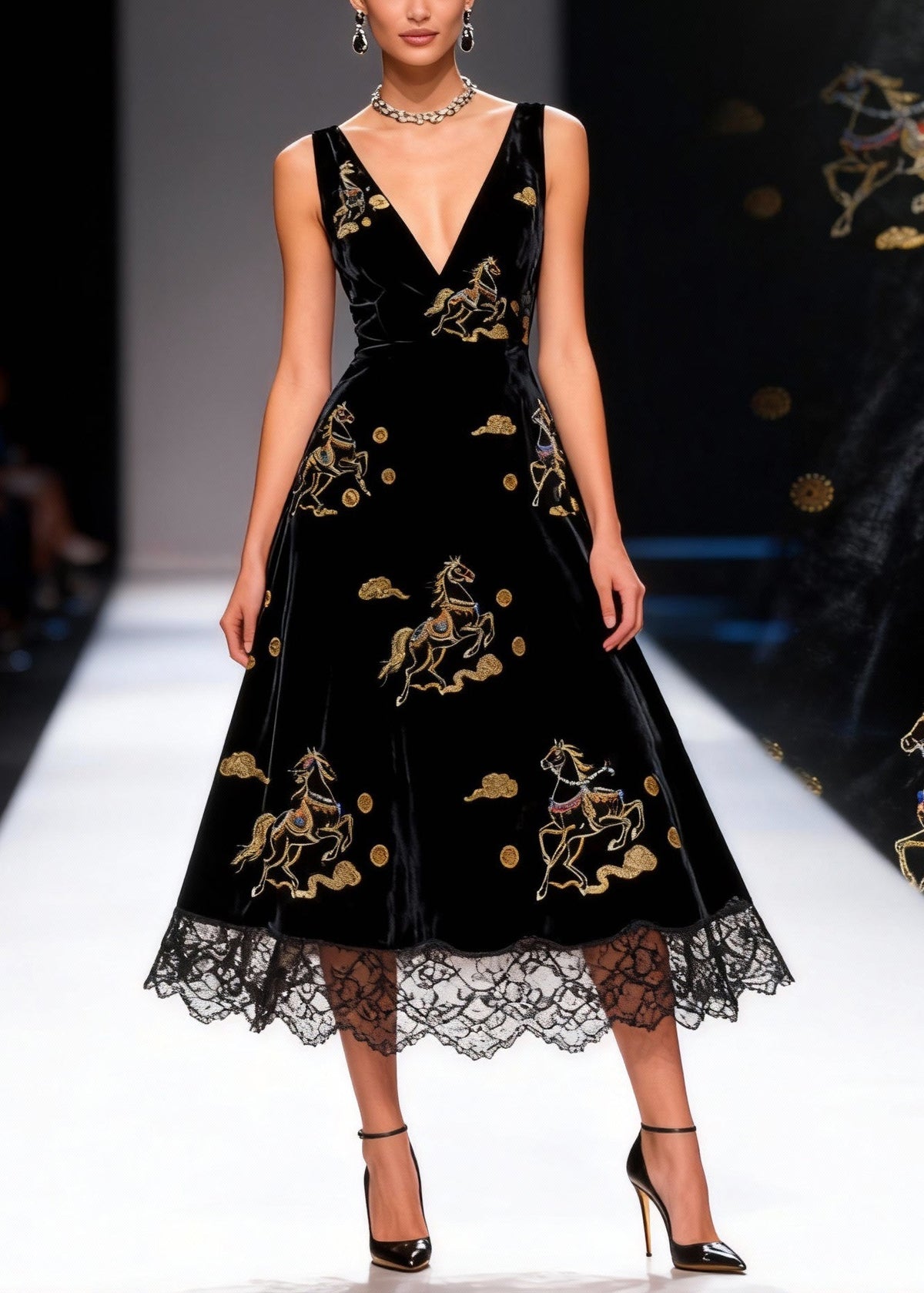 Velvet Deep V-Neck Sleeveless Horse Embroidered A-Line Midi Dress