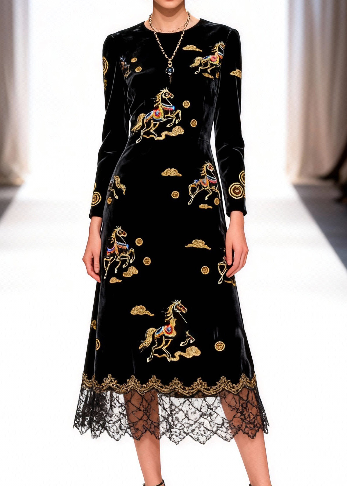 Velvet Round Neck Long Sleeve Horse Embroidered Midi Dress - View 5