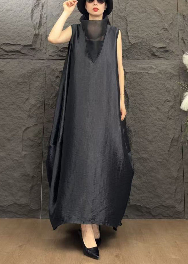 Sleeveless Funnel Neck Mesh Cut Out Oversized Cocoon Maxi Dress
