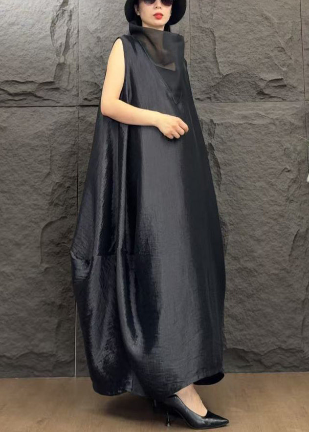 Sleeveless Funnel Neck Mesh Cut Out Oversized Cocoon Maxi Dress - View 2