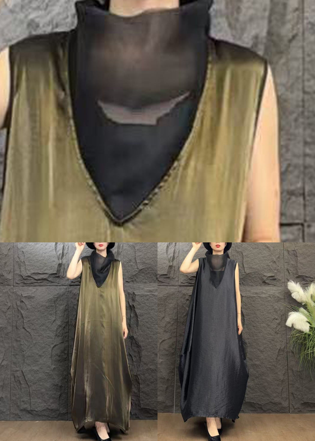 Sleeveless Funnel Neck Mesh Cut Out Oversized Cocoon Maxi Dress - View 5