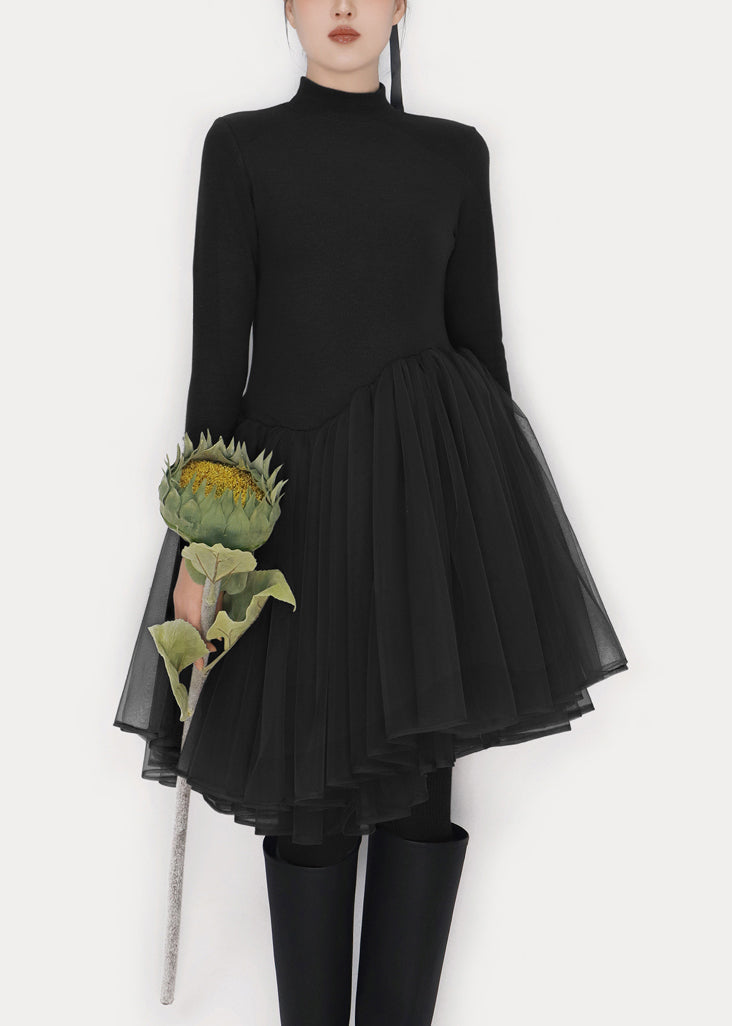 Black Solid Tulle Patchwork Winter Mini Dresses Turtleneck - View 2