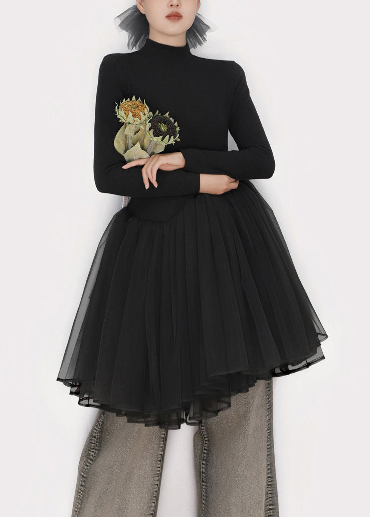 Black Solid Tulle Patchwork Winter Mini Dresses Turtleneck - View 4