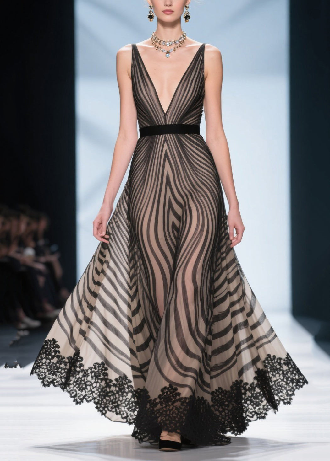 Wavy Stripe Print Deep V-Neck Spaghetti Strap Lace Trim Hem Maxi Gown - View 3