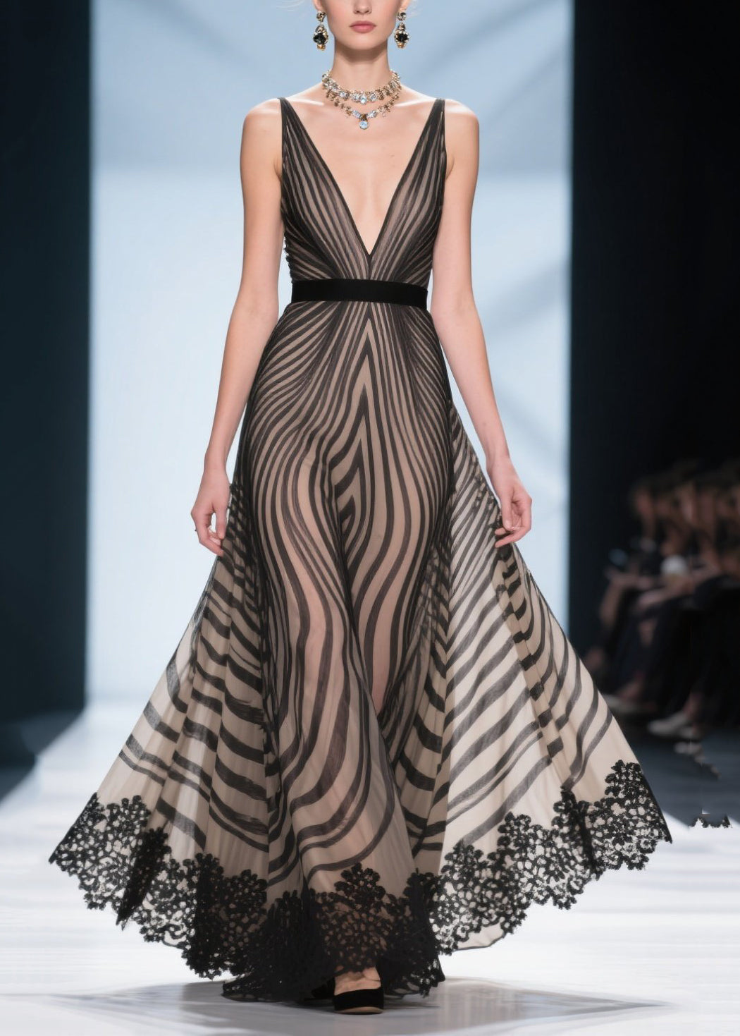 Wavy Stripe Print Deep V-Neck Spaghetti Strap Lace Trim Hem Maxi Gown - View 5