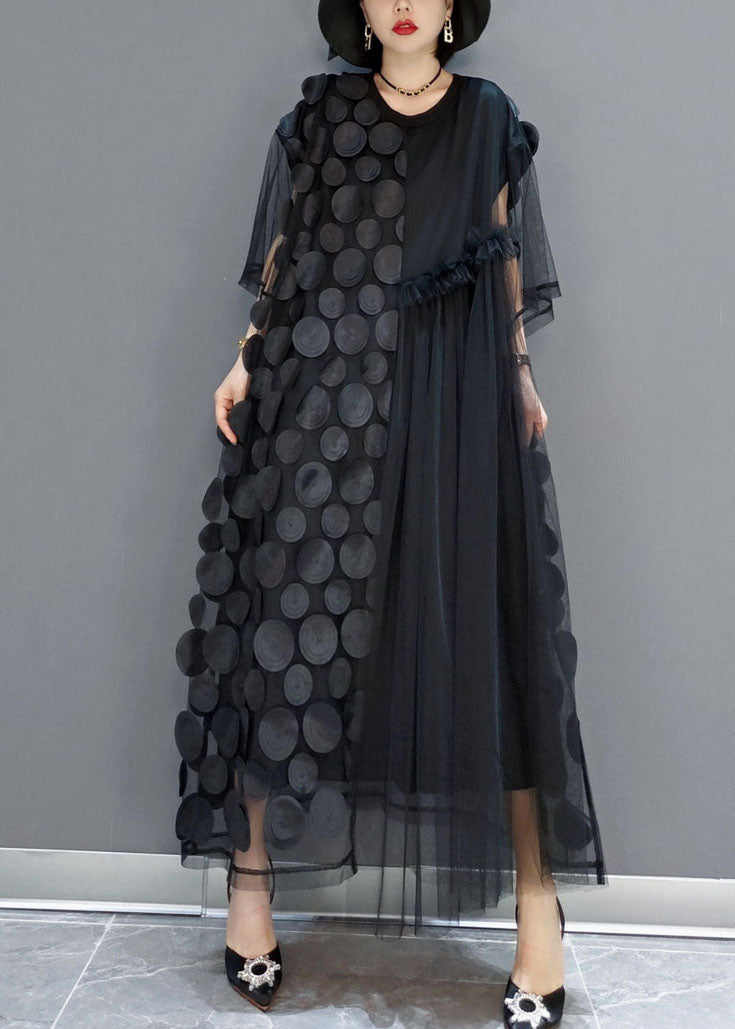 Mesh Asymmetrical Round Neck Elbow Sleeve Disc Maxi Party Dress - View 2