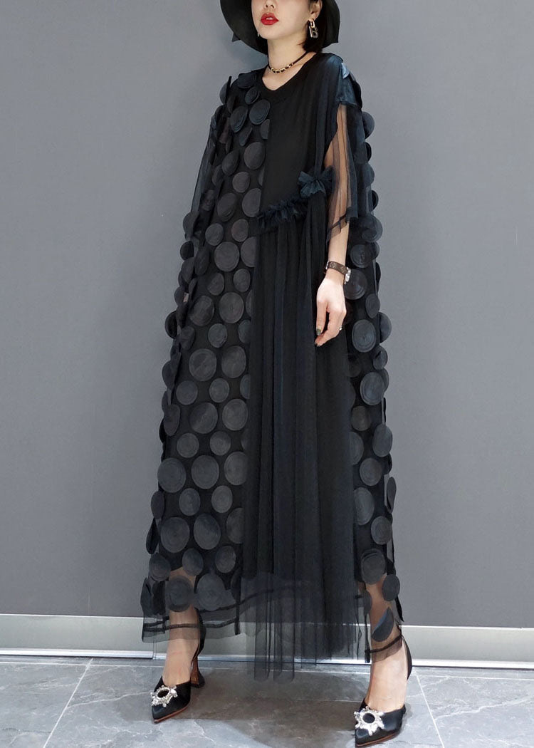 Mesh Asymmetrical Round Neck Elbow Sleeve Disc Maxi Party Dress - View 5