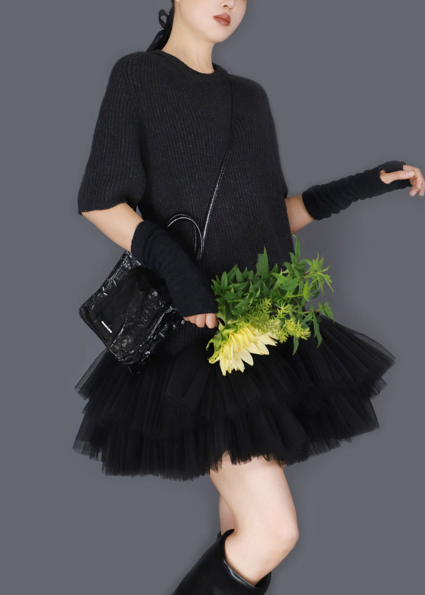 Tiered Tulle Crew Neck Short Sleeve Ribbed Knit Ruffle Mini Dress - View 4