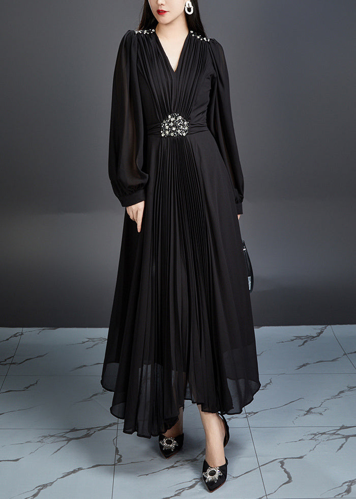 Black Zircon Chiffon Long Dresses V Neck Long Sleeve - View 3