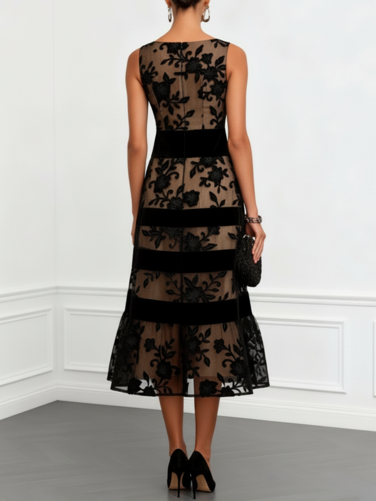 Floral Embroidered Mesh Sleeveless Tiered A-Line Midi Dress 2