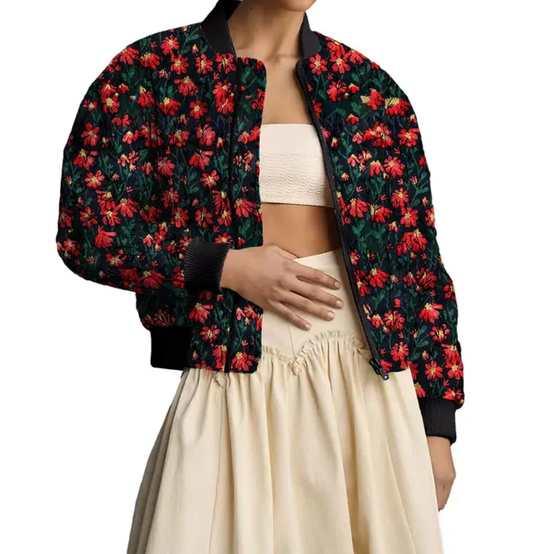Daisy Floral Quilted Zip Front Cropped Bomber Jacket 2