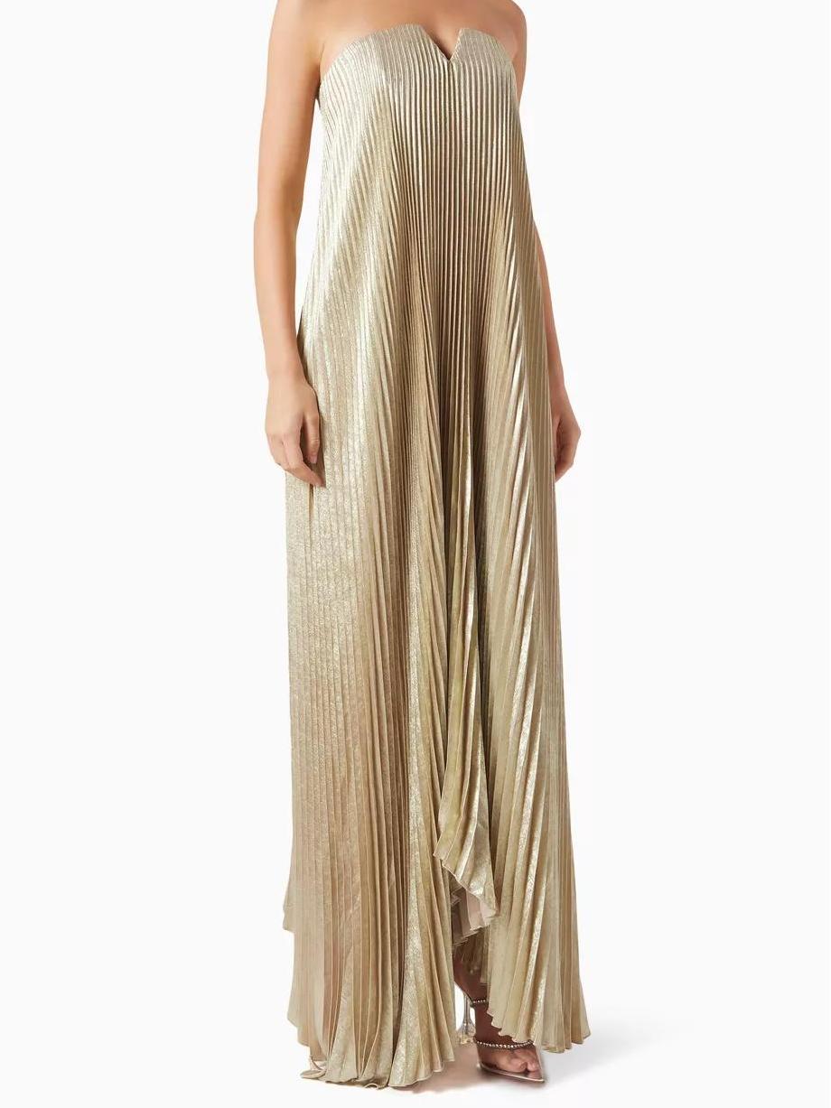 Metallic Micro Pleated Strapless Notch Neck A-Line Maxi Gown - View 2