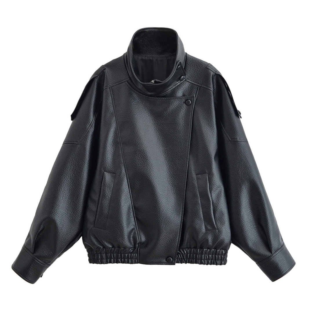 Faux Leather Stand Collar Oversized Bomber Jacket