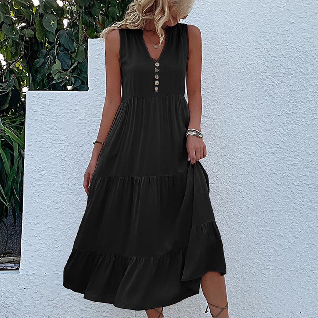 Sleeveless V-Neck Button Front Tiered Babydoll Midi Summer Dress - View 2