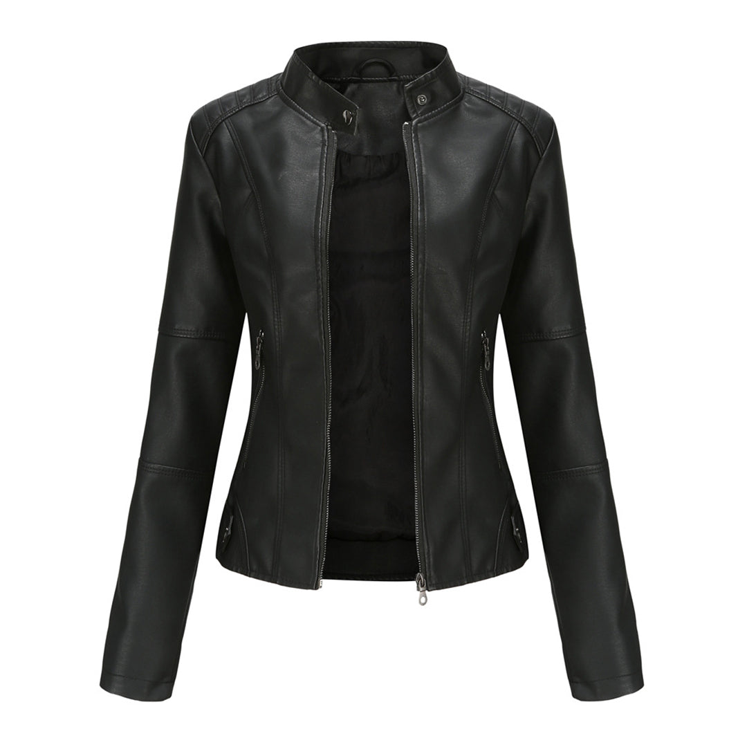 Stand Collar Zip Front Faux Leather Moto Jacket