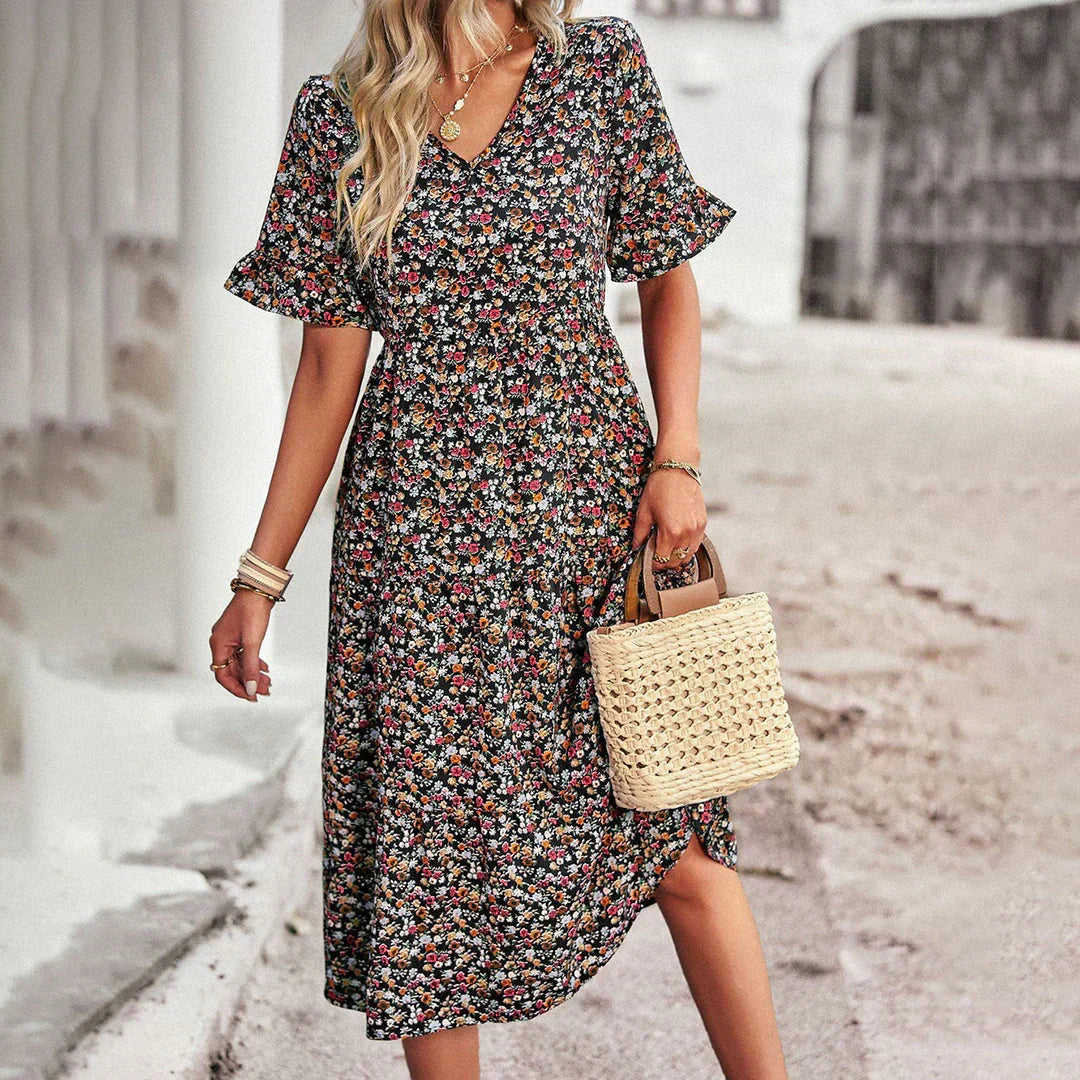 V-Neck Flutter Sleeve Floral Tiered Midi Dress - View 3