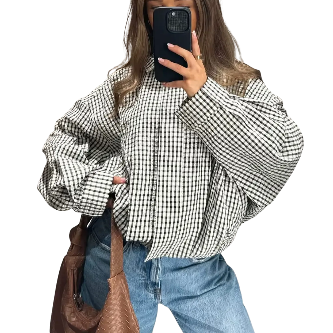 Gingham Check Button Front Long Sleeve Oversized Shirt