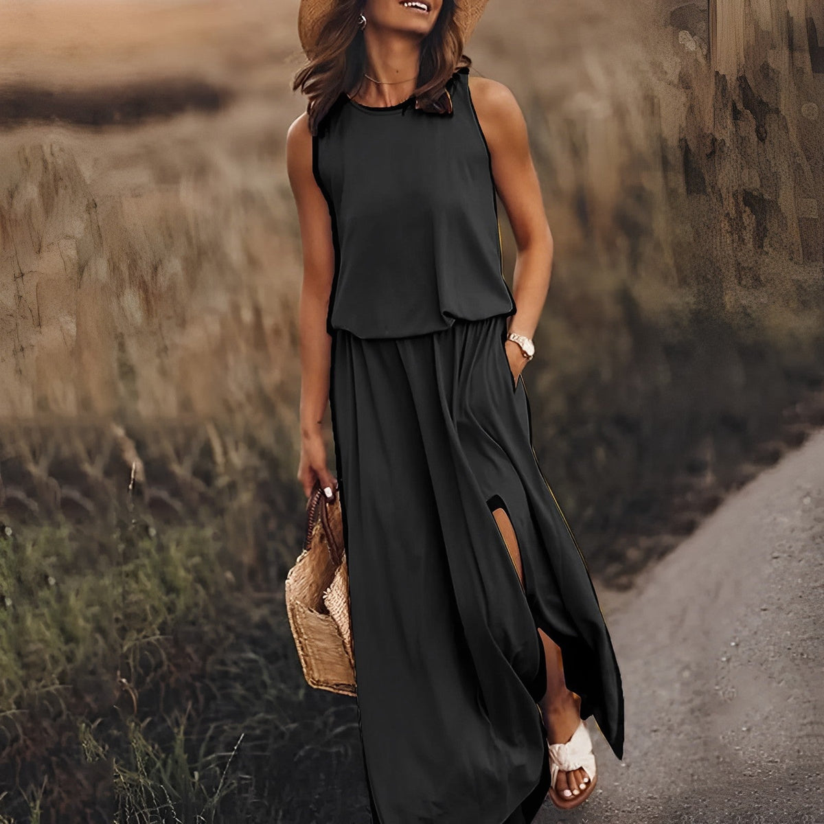 Satin Crew Neck Sleeveless High Split Maxi Summer Dress - View 7