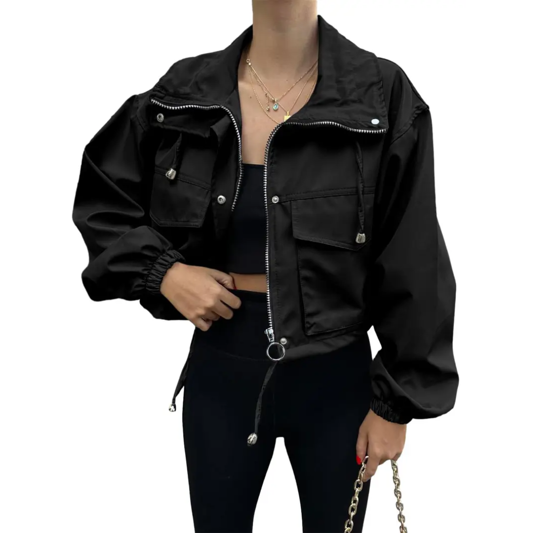 Drawstring Hem Zip Front Cropped Utility Jacket 3