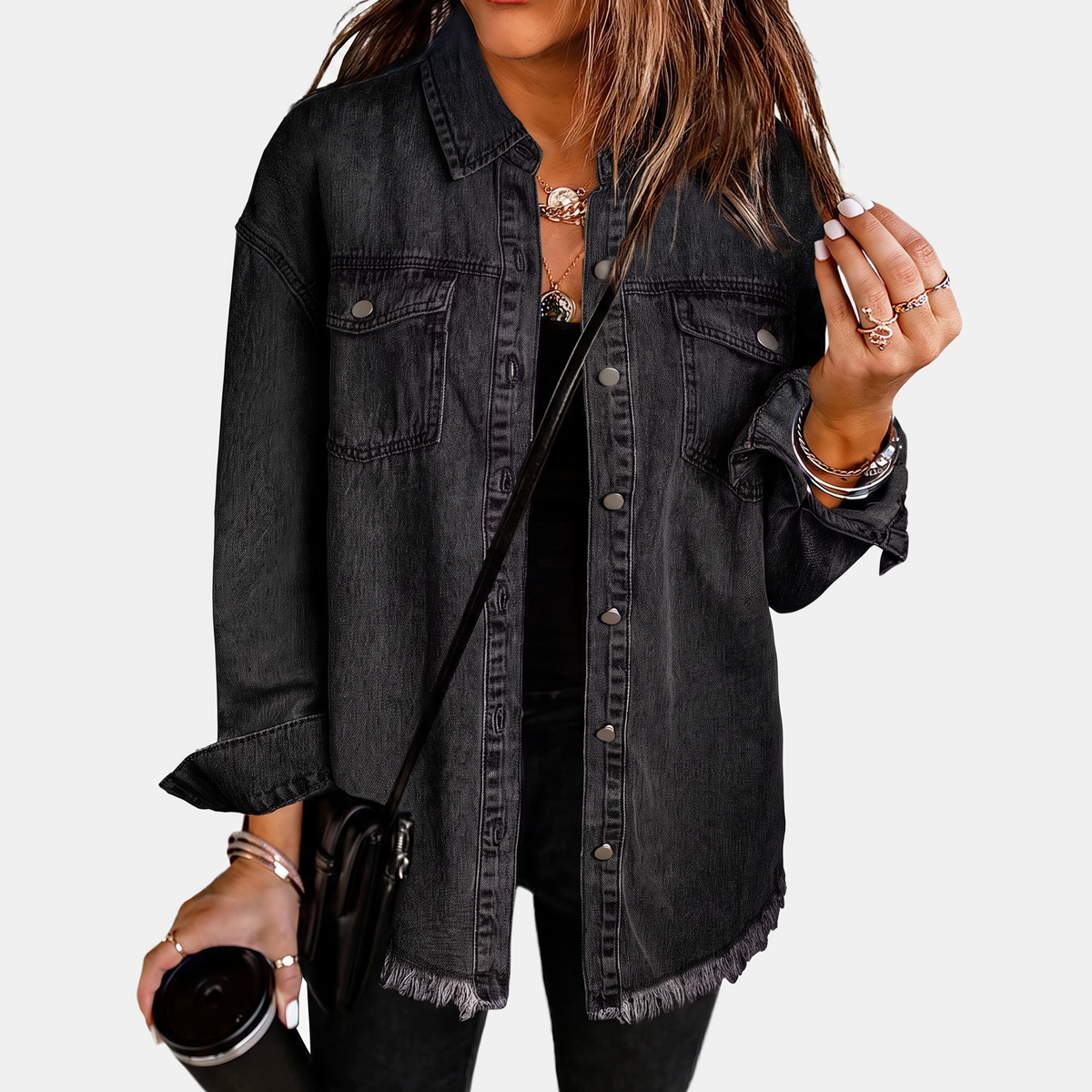 Oversized Frayed Hem Button Front Denim Shacket 4