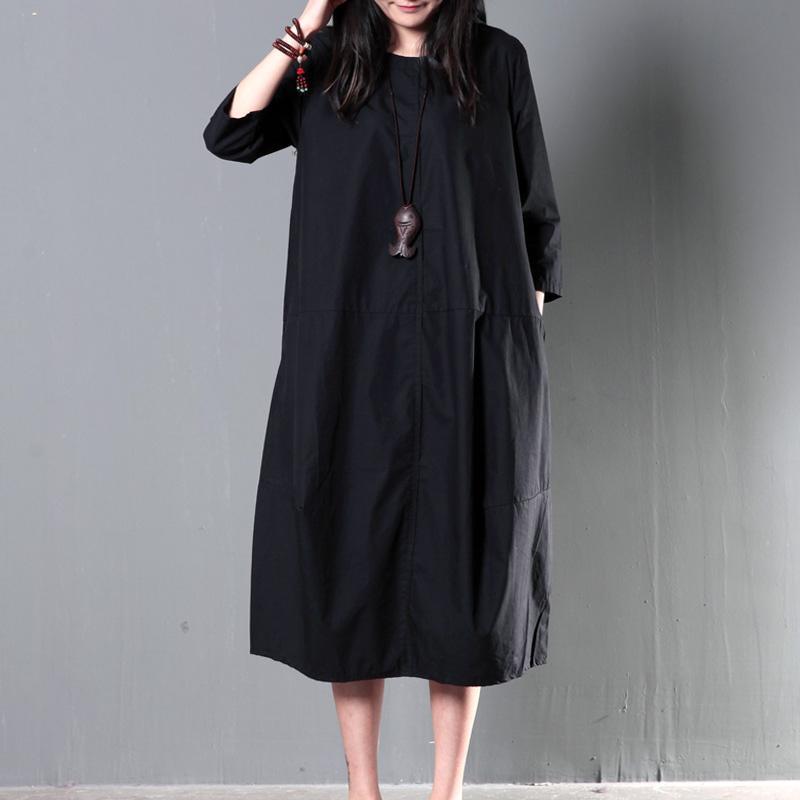 Oversized Round Neck Three Quarter Sleeve Pocket Midi Kaftan Dress