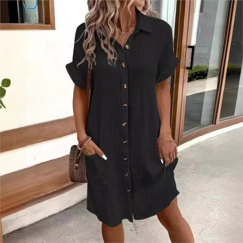 Textured Gauze Button Front Short Sleeve Shirt Dress 8