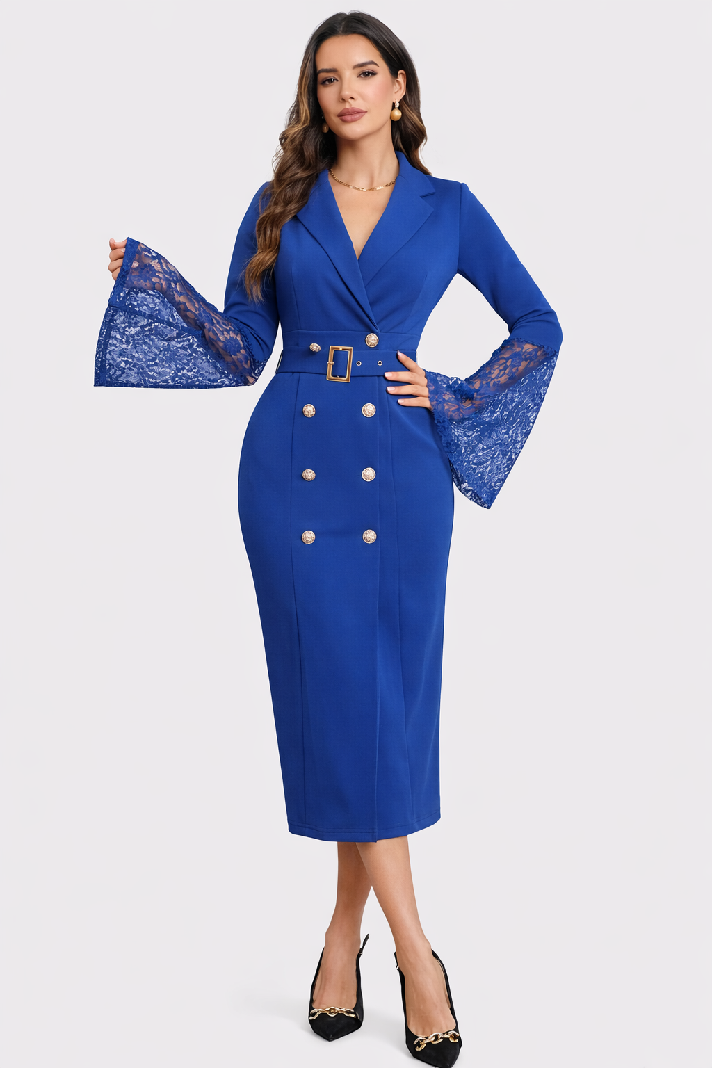 Double Breasted Belted Lace Bell Sleeve Blazer Midi Dress 4