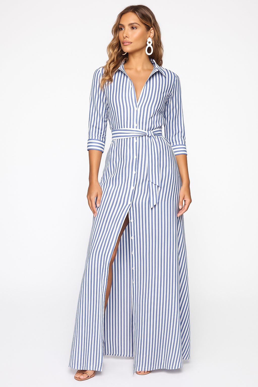 Striped Collared Button Front Belted High Split Maxi Shirt Dress 3