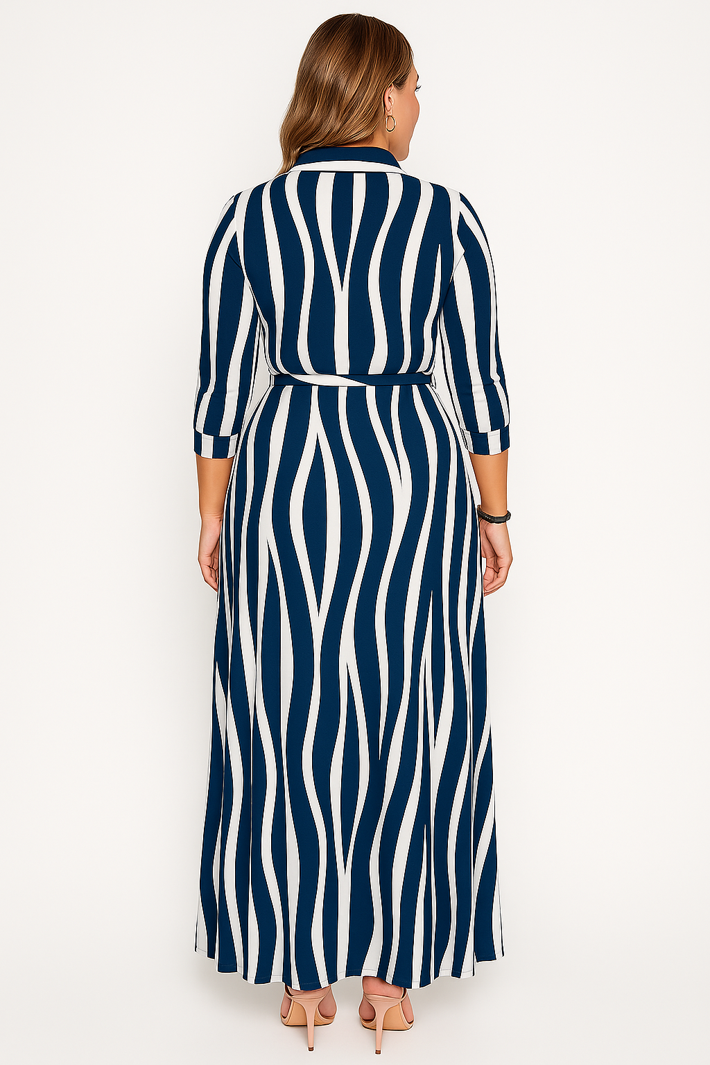 Striped Collared Button Front Belted High Split Maxi Shirt Dress 5
