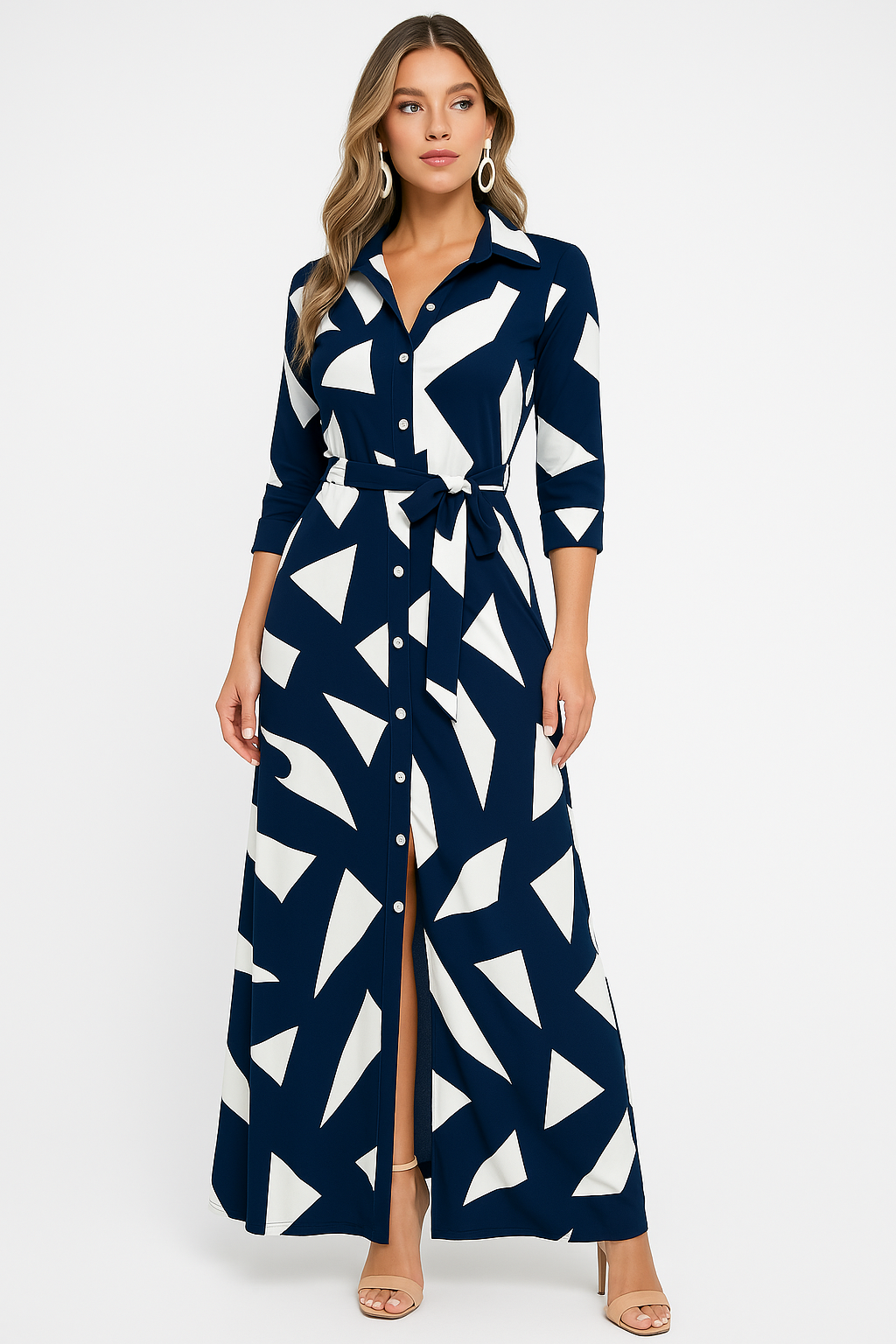 Striped Collared Button Front Belted High Split Maxi Shirt Dress 6