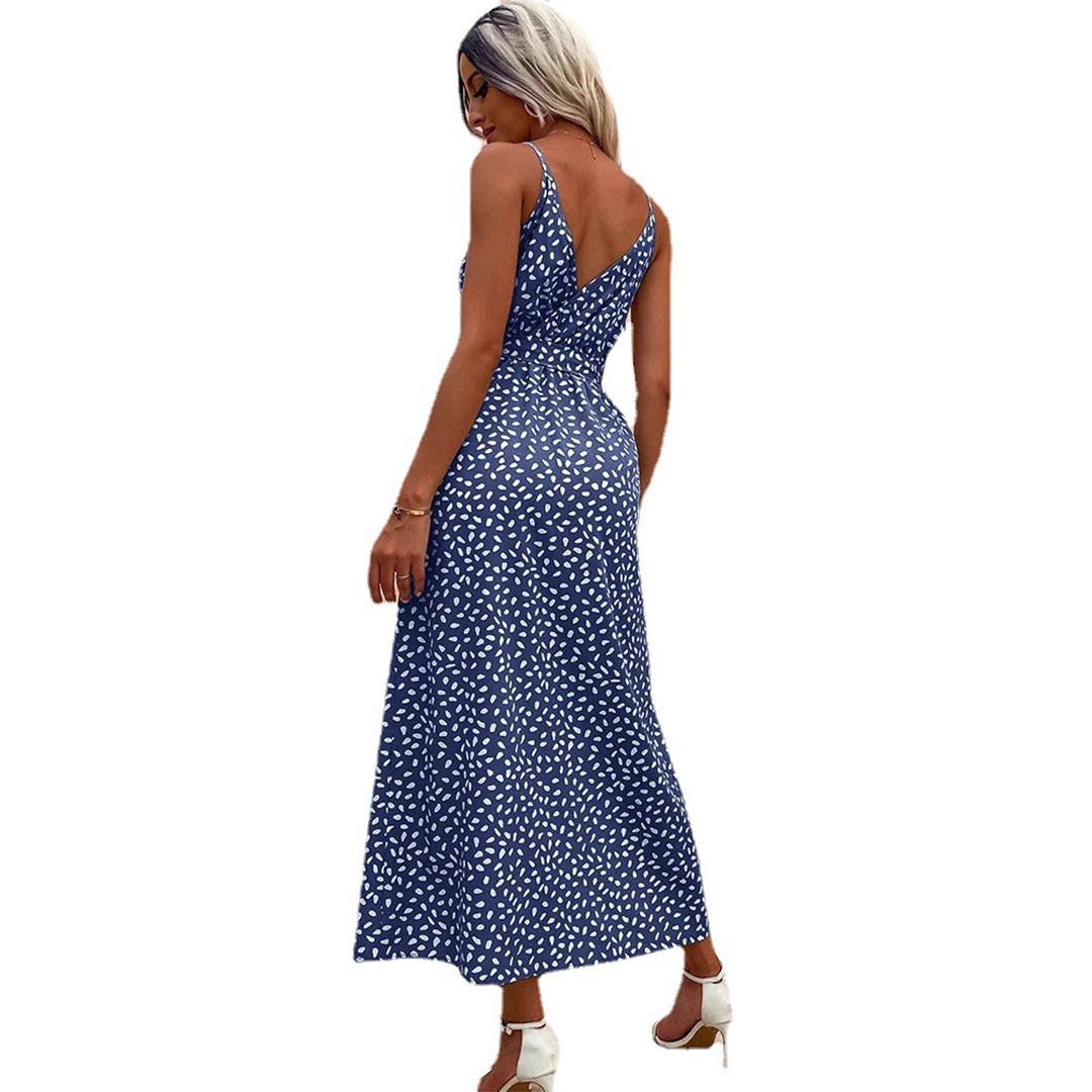 Spaghetti Strap V-Neck Wrap Tie Waist Dual Slit Ditsy Print Maxi Dress - View 6