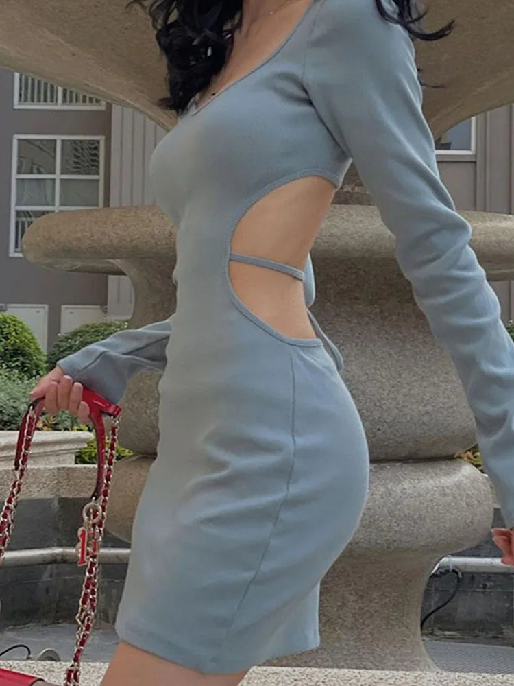 Blue Fashion Lace Up Backless V Neck Long Midi Dresses - View 2