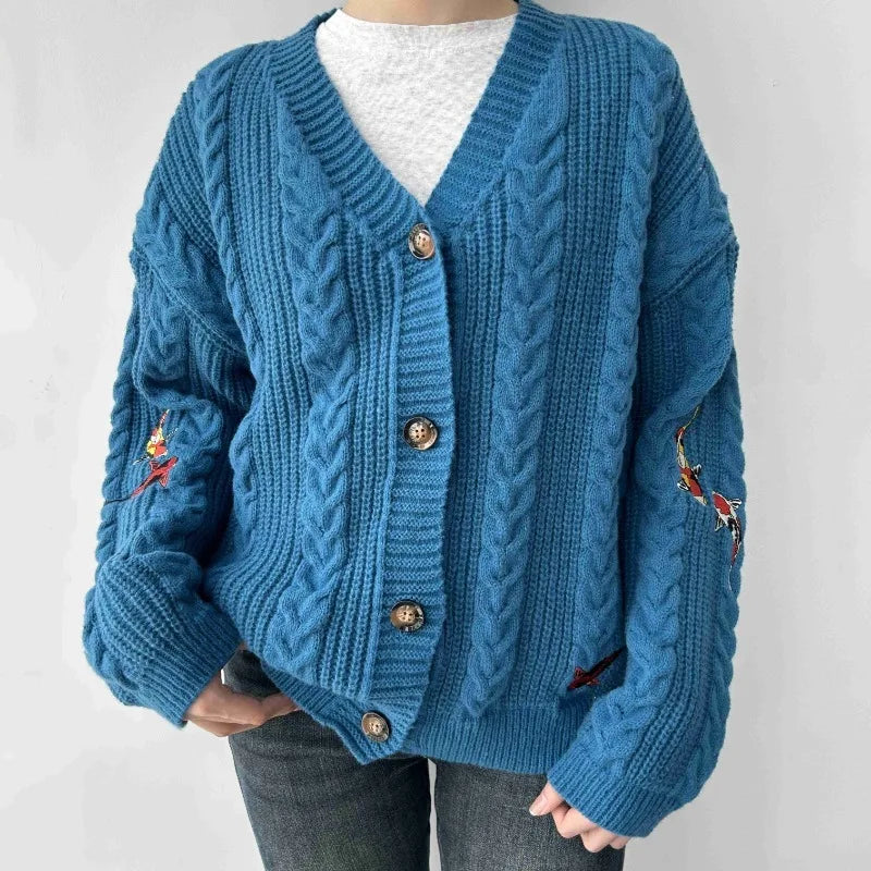 Blue Koi V-neck Embroidered Cardigan Blue / S